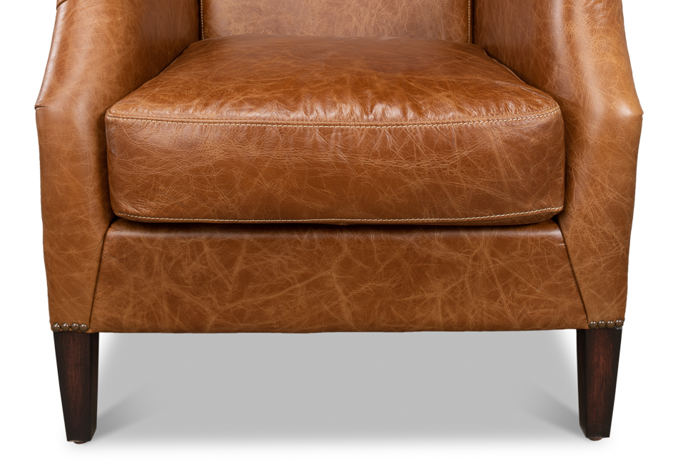 Baker Arm Chair, Leather Accent Chair With Wooden Arms