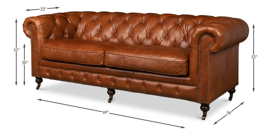 Tufted English Club Sofa Brown Leather, Brown Leather Tufted Sofa